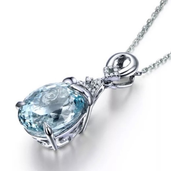 NEW Silver Aquamarine Diamond Necklace - Picture 7 of 8